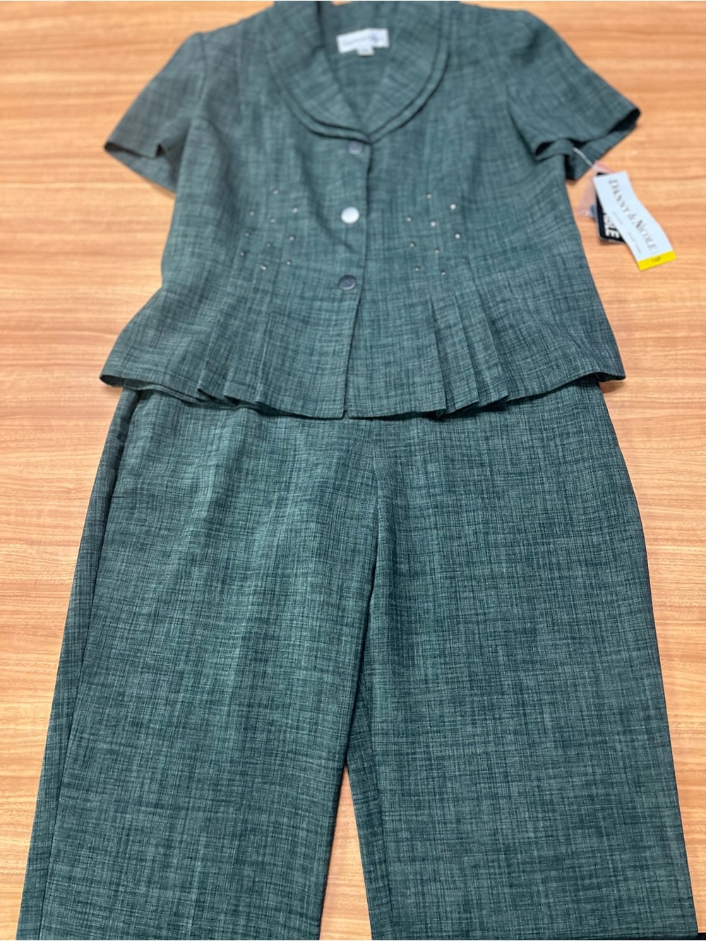Danny & Nicole Dark Green Pleated Short-Sleeve Pant Suit